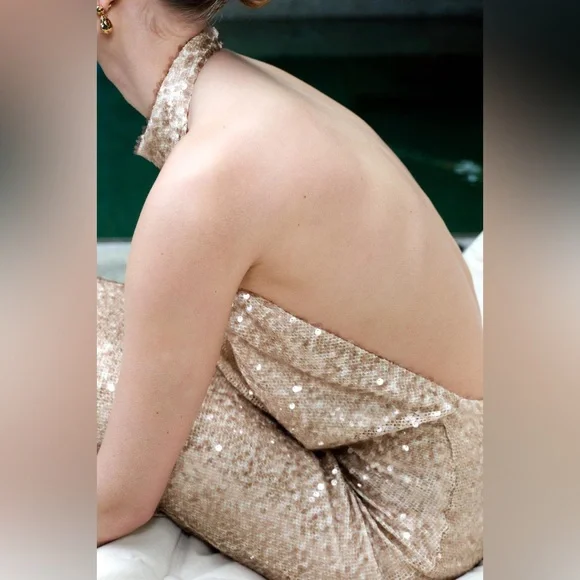 Zara NWT light pink & beige sequin halter top cowl neck formal maxi dress - Picture 15 of 15